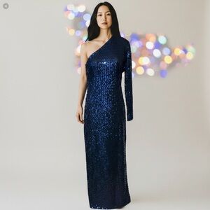 vtg CLIMAX by David Howard sz 13/14 (M/L) Sequin One Shoulder Sequin Dress Blue